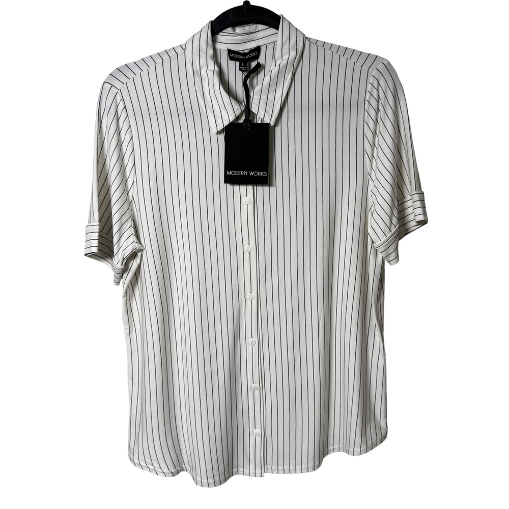 Modern Works Womens Large Pinstripe Button Down Blouse White Black Short Sleeve